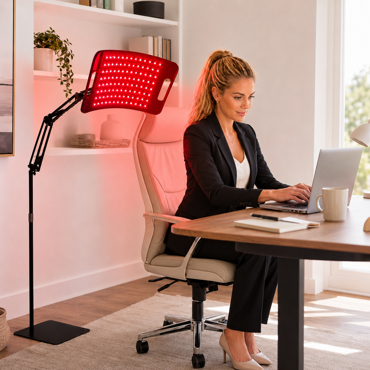 Woman using FullGlow red and near-infrared light therapy panel in a modern home office while working at her desk.