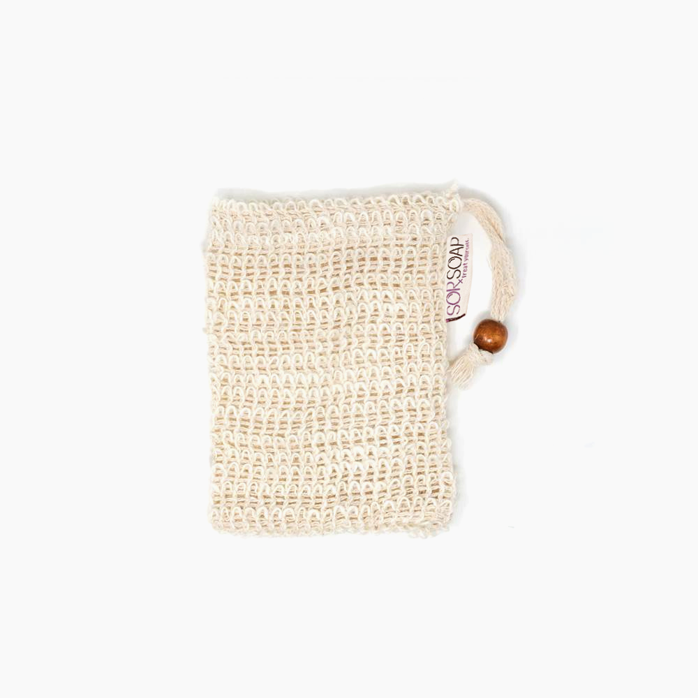 Natural fiber soap dish with wooden hook on a white background