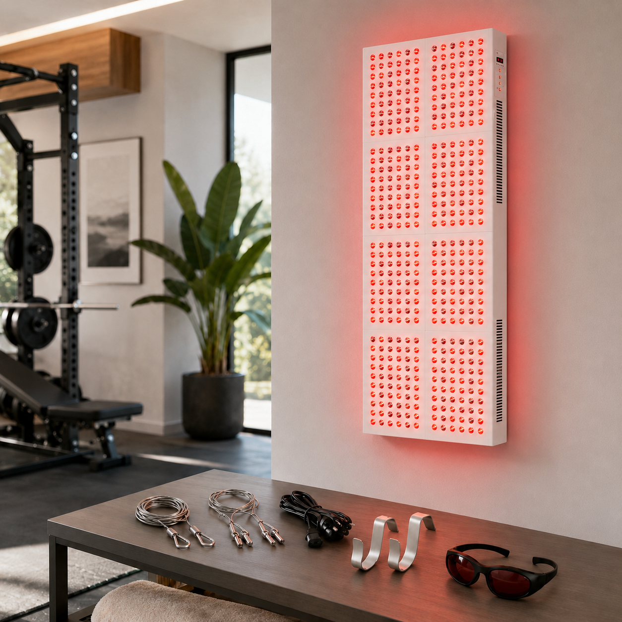 LED panel light emitting red light in a room with gym equipment and a plant.