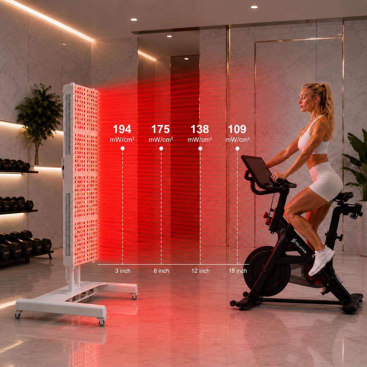 Woman exercising on a bike in a gym with a red light therapy panel in the background.