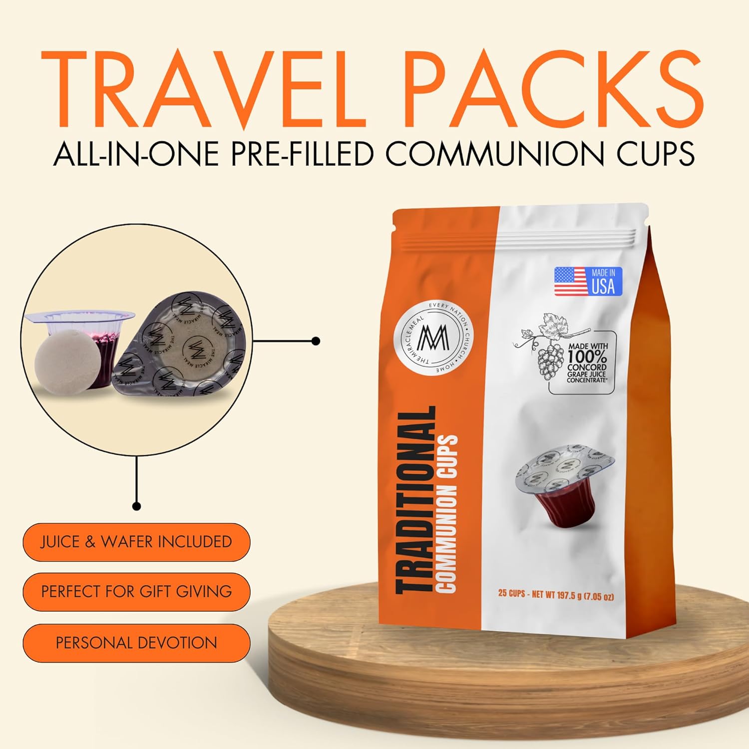 Miracle Meal Communion Cups Pre-filled with Wafer & 100% Concord Grape Juice