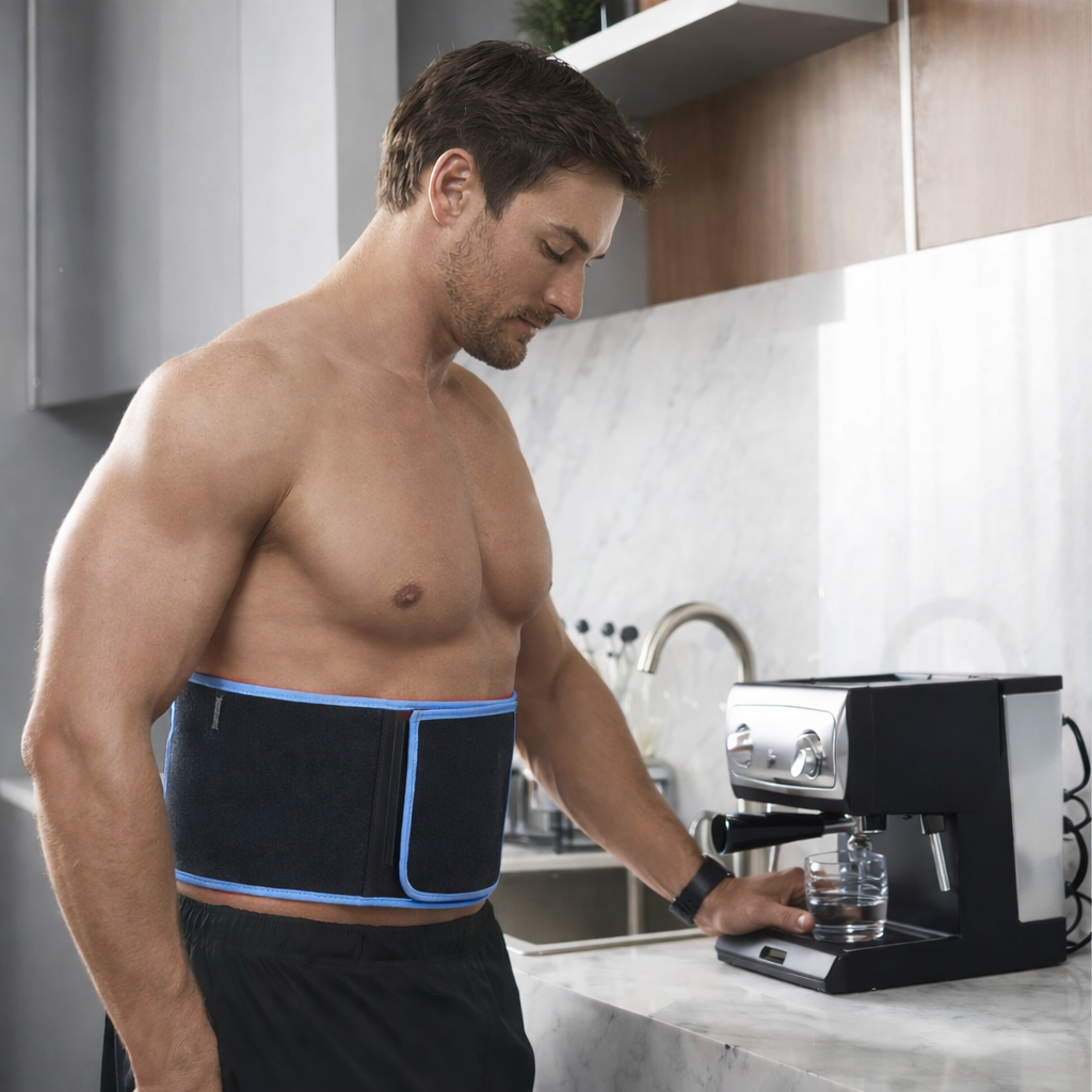 Man Wearing Man adjusting FullGlow Red Light and Infrared Therapy Wrap in home