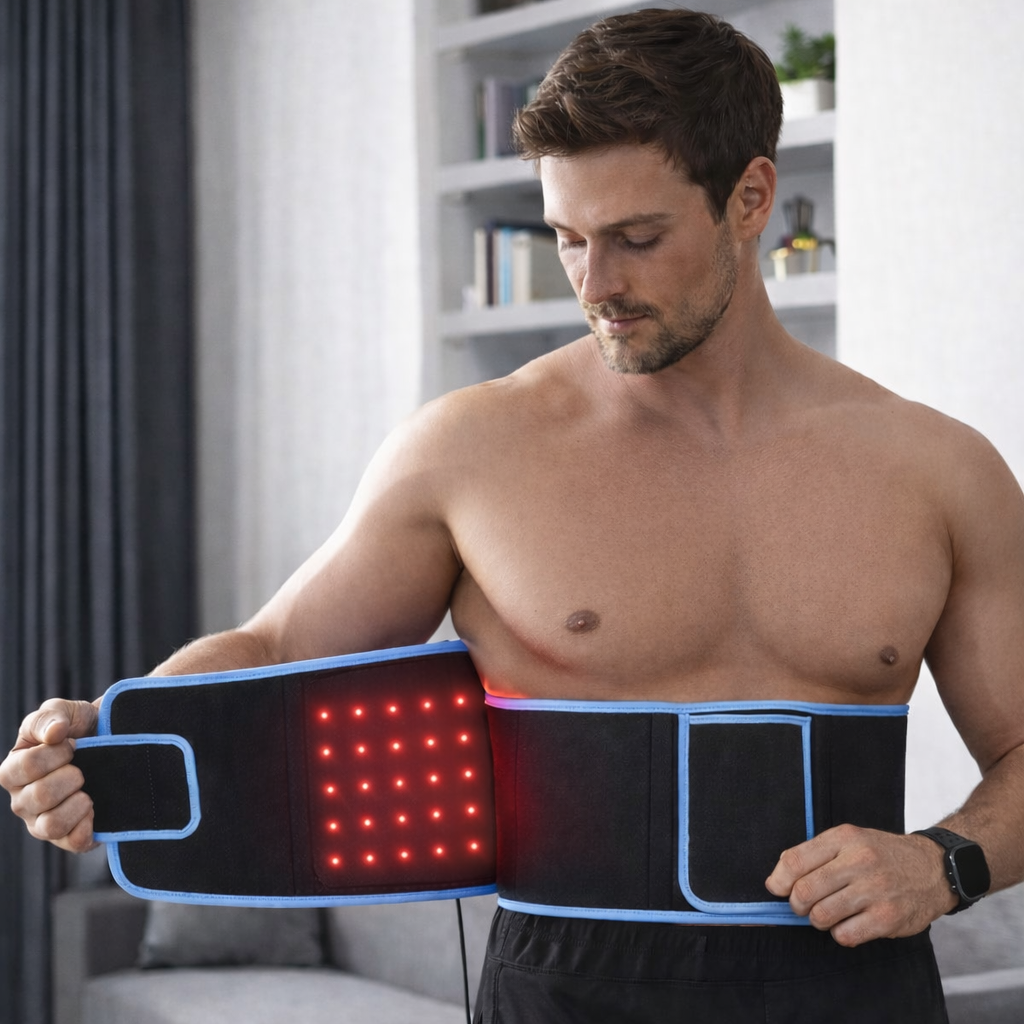 Man adjusting FullGlow Red Light and Infrared Therapy Wrap
