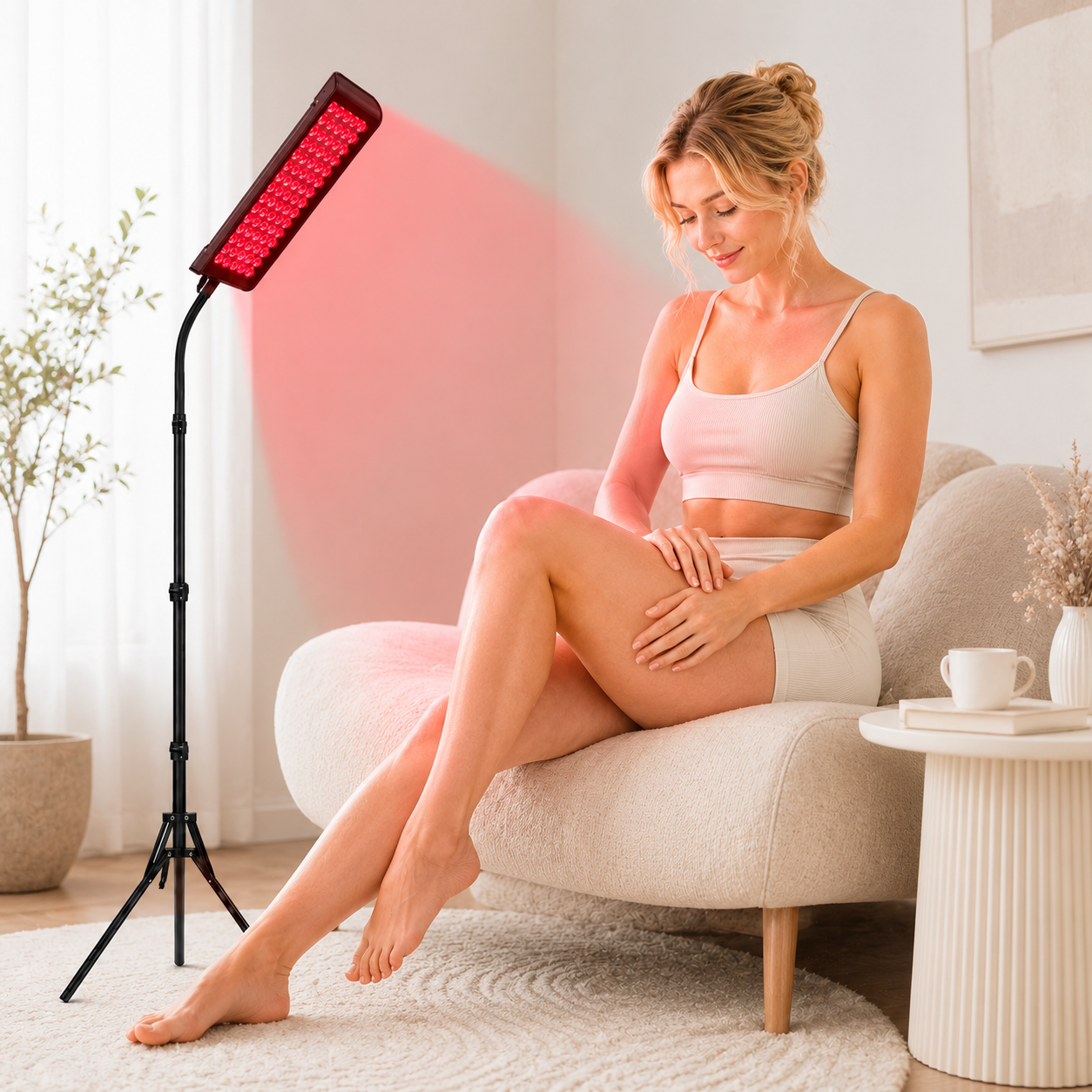 Woman using compact FullGlow red and near-infrared light therapy panel for targeted at-home wellness