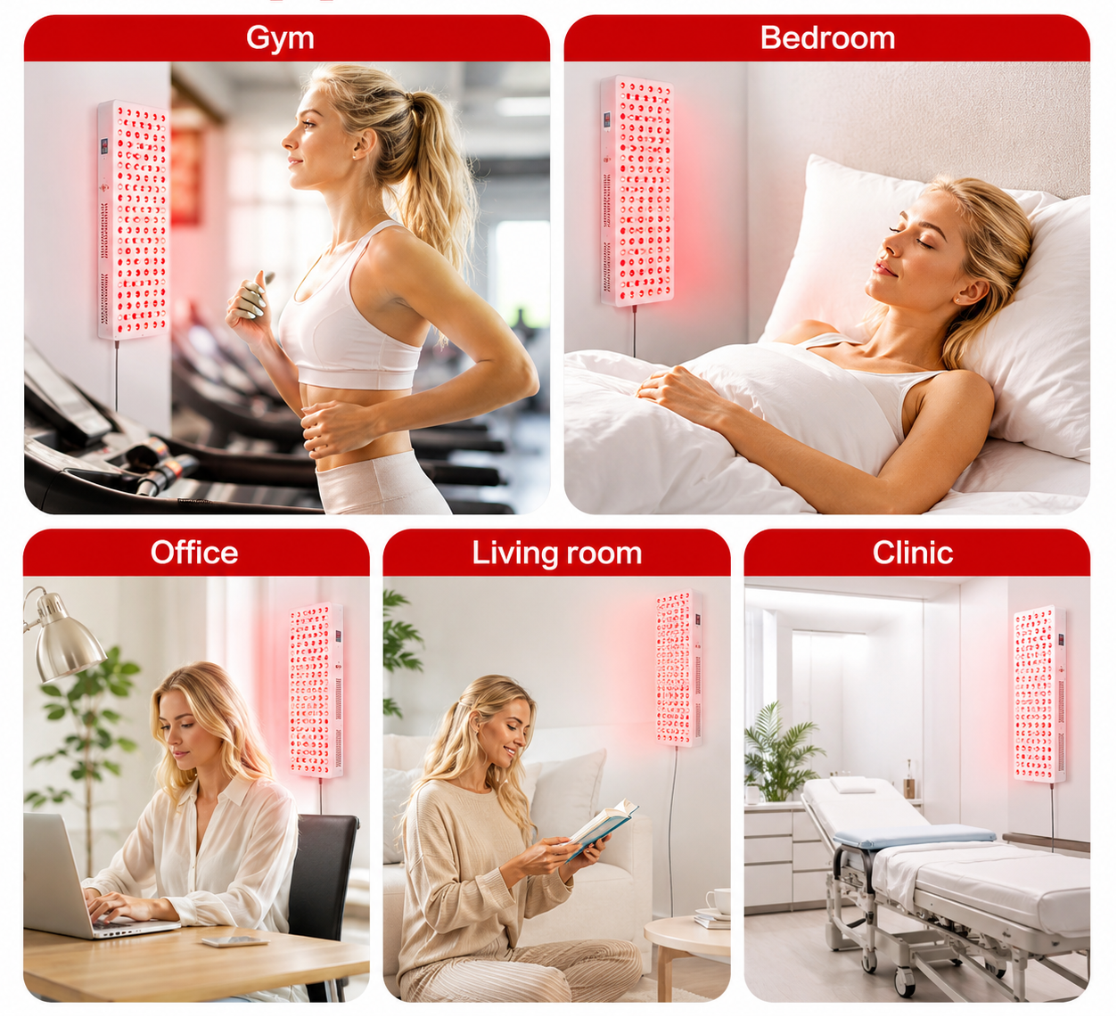 Woman using a red light therapy device in various settings including gym, bedroom, office, living room, and clinic.