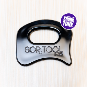 Black and silver 'Sort Tool Pro' on a textured white background with 'Shark Tank' branding